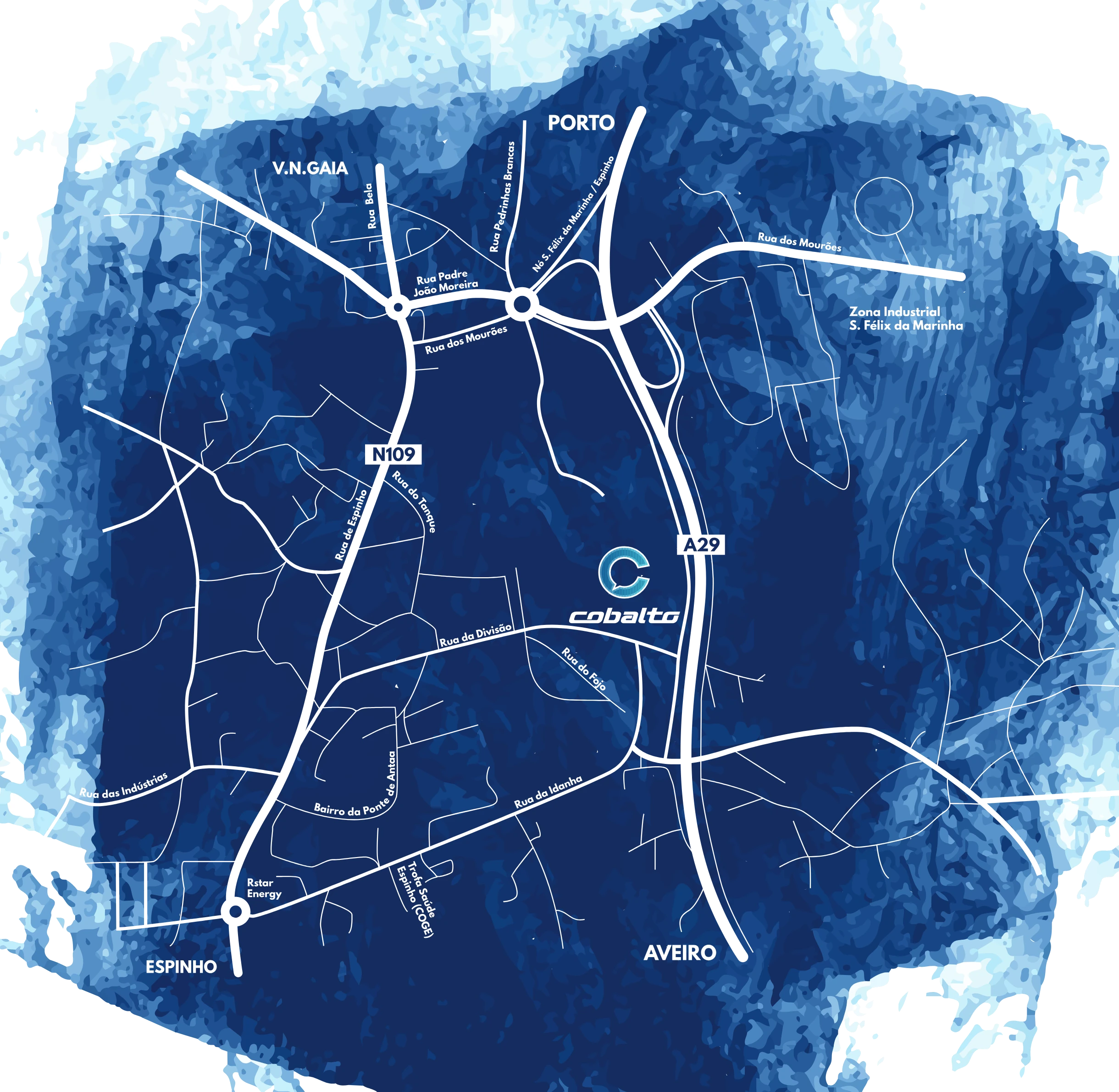 Mapa ilustrado da zona entre Vila Nova de Gaia, Porto, Espinho e Aveiro